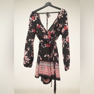 Floral Black and Red Long Sleeve Romper